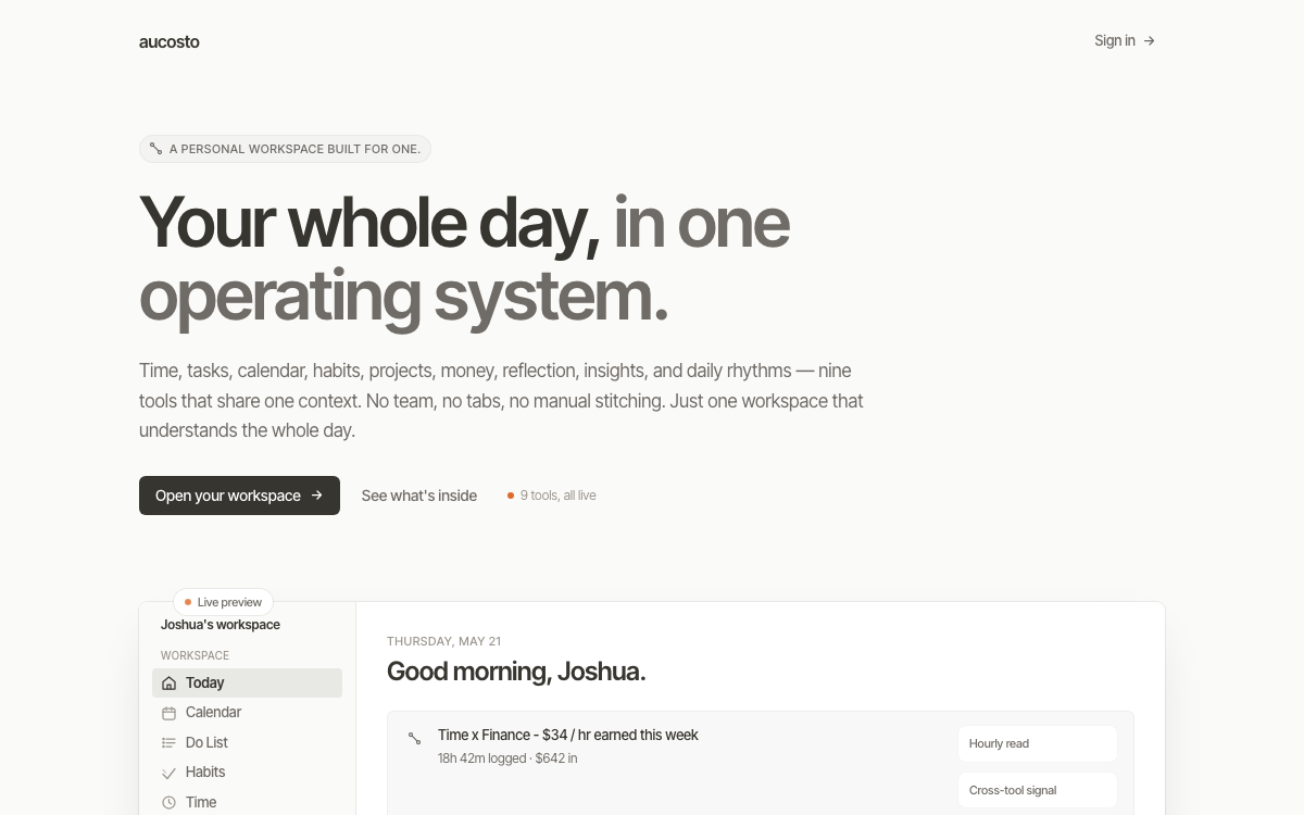 Aucosto personal workspace dashboard